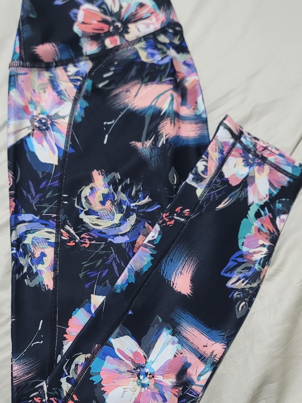 Fabletics Floral Navy Leggings with Pink & Blue Accents